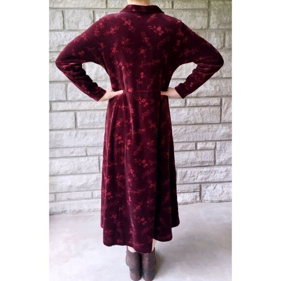 Vintage L.L. Bean - Burgundy Velvet Floral Button Down Dress - Picture 3 of 6